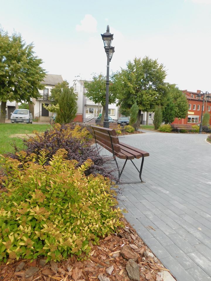 Zdjęcie przedstawia park z ławką, latarnią i roślinnością. W tle widać budynki mieszkalne oraz zaparkowane samochody. Ścieżka z kostki brukowej prowadzi przez park, otoczona krzewami i drzewami. Latarnia stoi obok ławki, a rośliny są różnorodne i kolorowe.