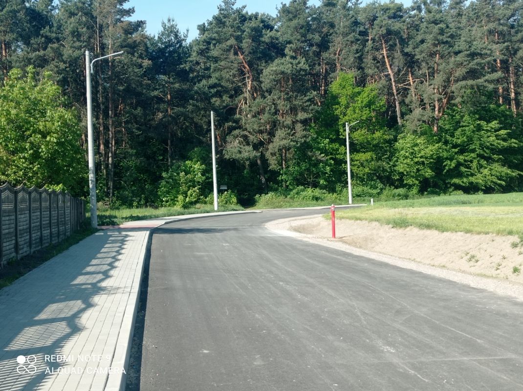 Zdjęcie przedstawia asfaltową drogę biegnącą przez zalesiony teren. Po lewej stronie znajduje się chodnik z betonowych płyt, a po prawej stronie widoczny jest trawnik. W tle widać wysokie drzewa. Na zdjęciu widoczne są także latarnie uliczne.